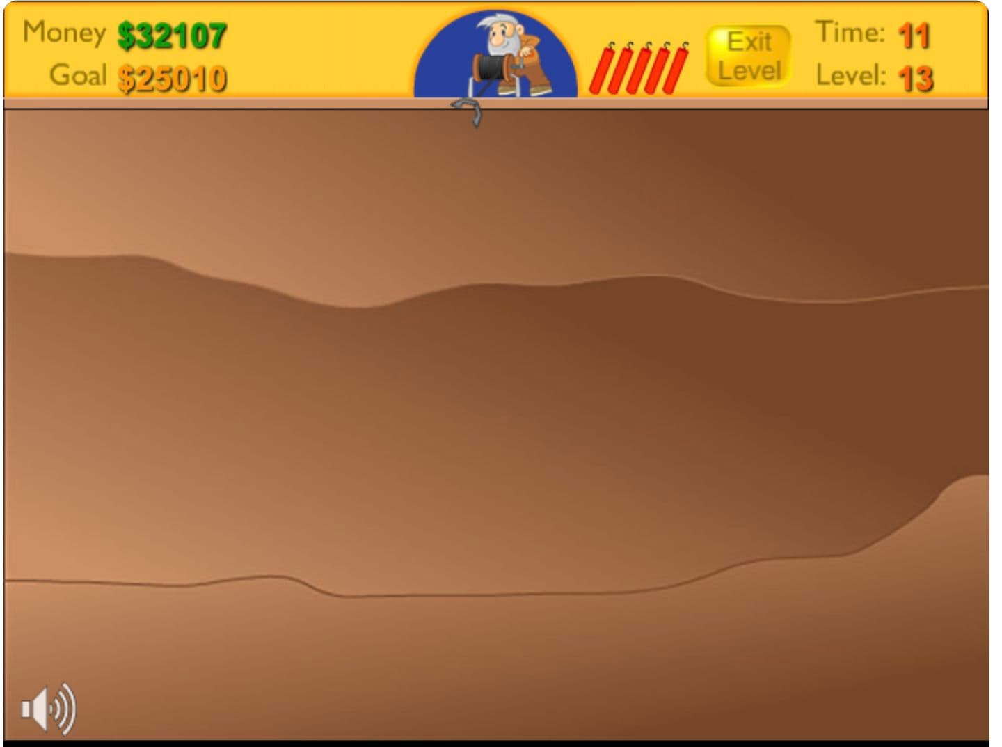 Gold Miner screenshot showing level 13 with 11 seconds left and earnings of 32107, above the goal of 25010